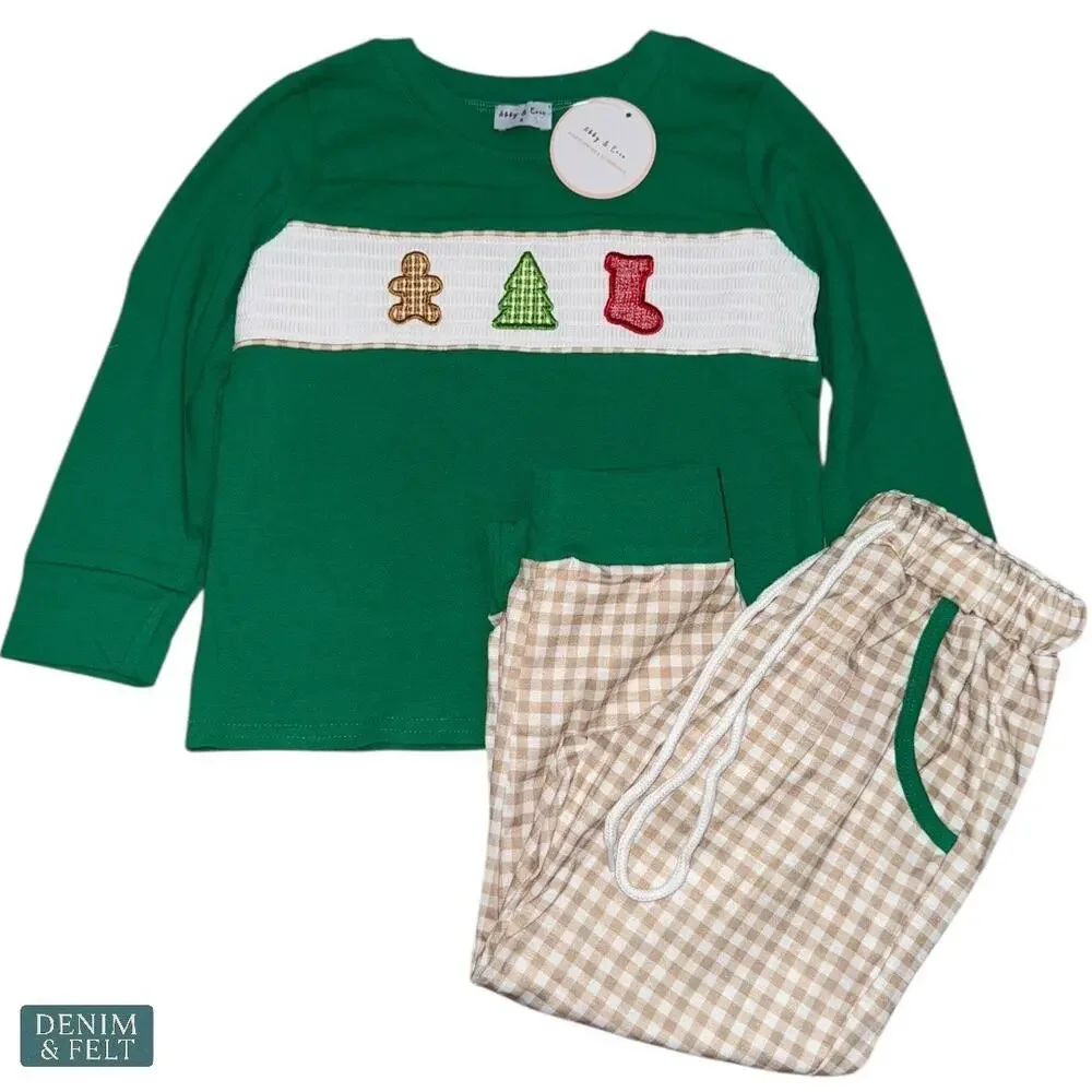 NEW Abby & Evie Gingerbread‎ 2 Piece Outfit Green Top Tan Check Pants Size 4